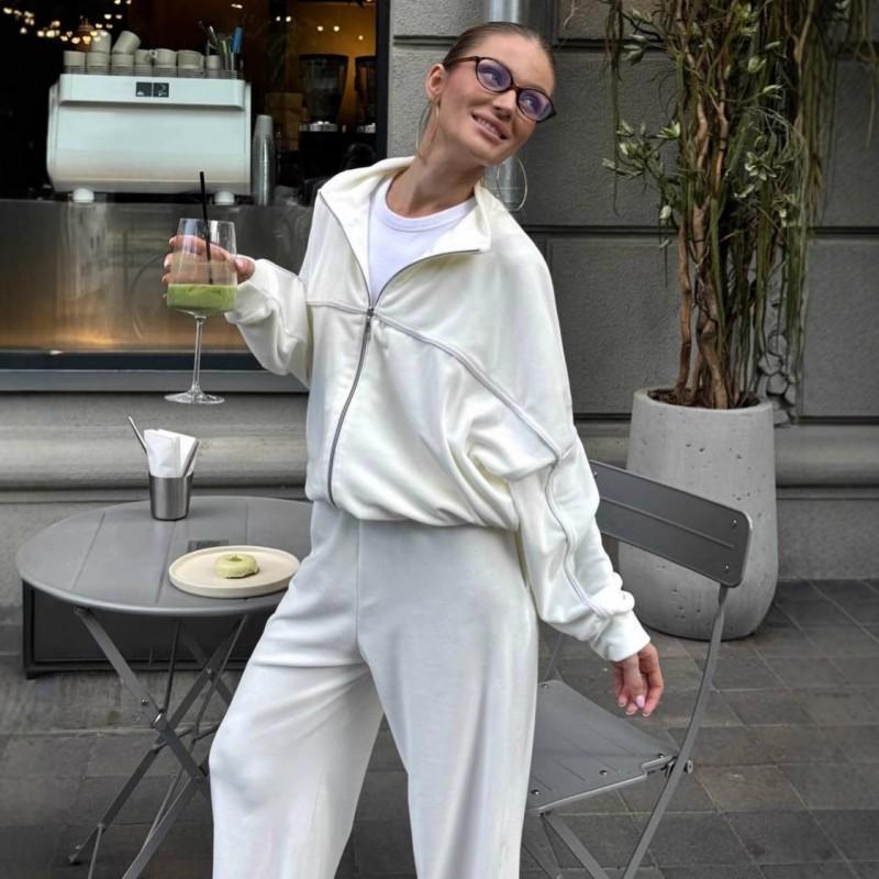 Womens Casual Velvet 2-Piece Set Long Sleeve Zip-Up Top Elastic Waist Wide Leg Pants