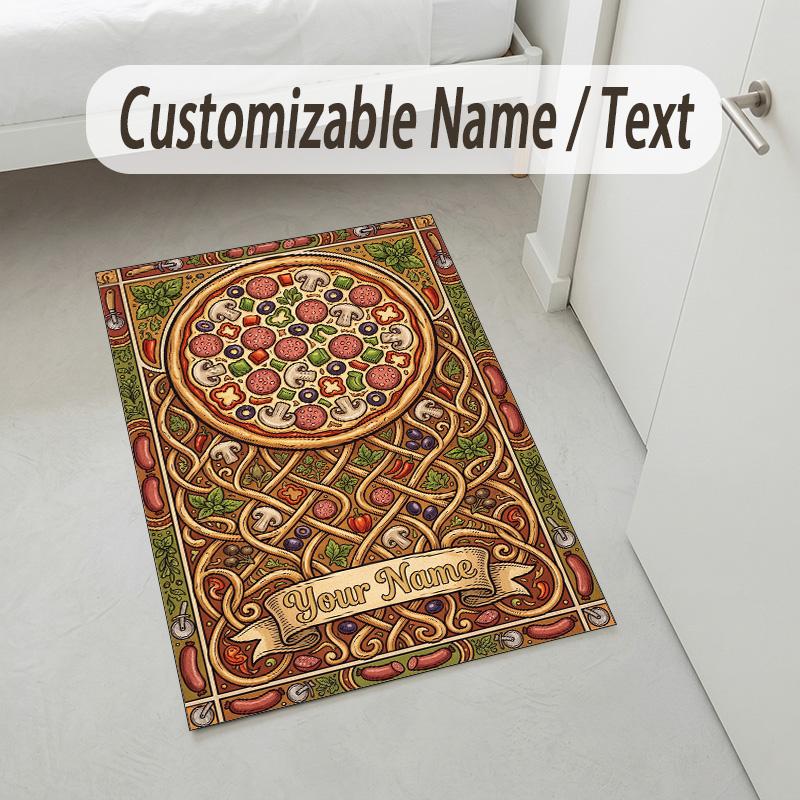 Medieval Pizza Theme Soft Crystal Velvet Rug Custom Name & Text Print Non Slip Floor Rug for Bedroom Living Room