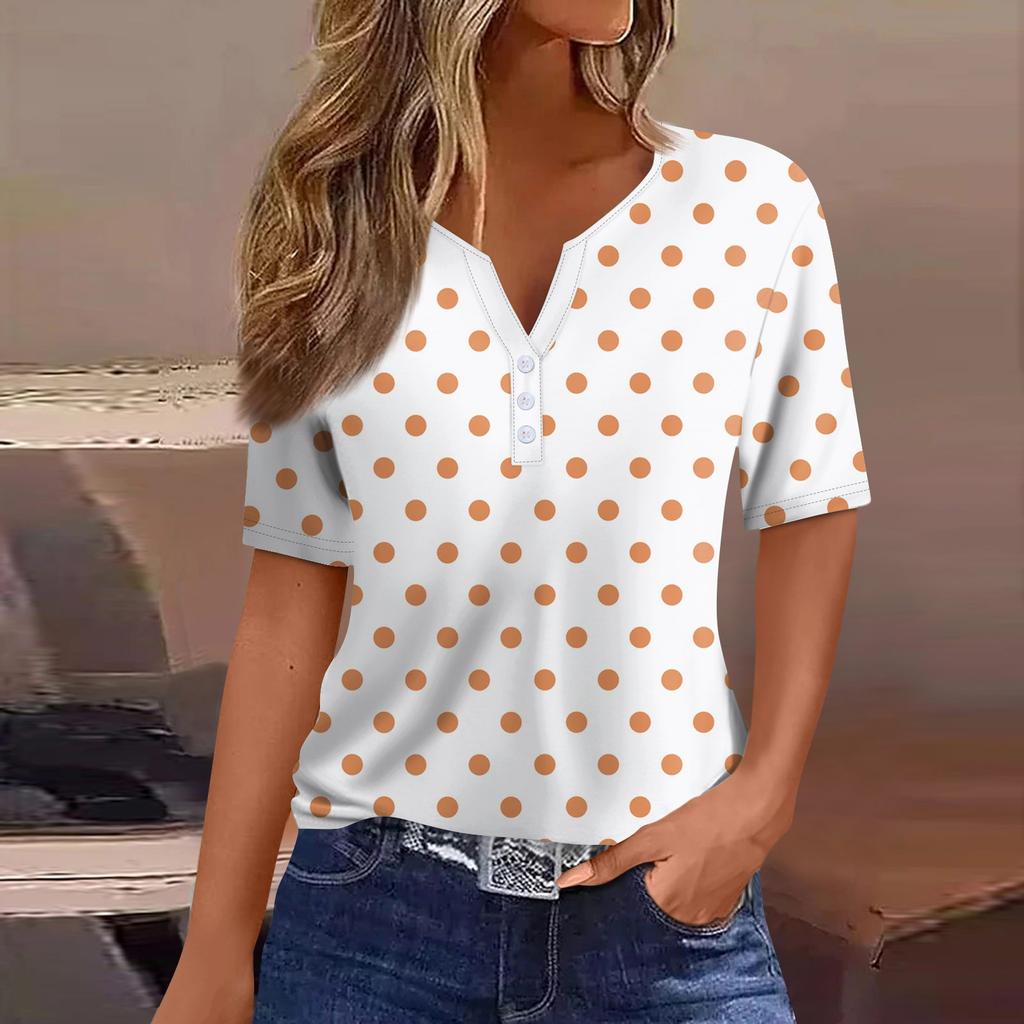 Women's Fashion Casual Solid Color Dot Print V-Neck Short Sleeve Decorative Button T-Shirt Top