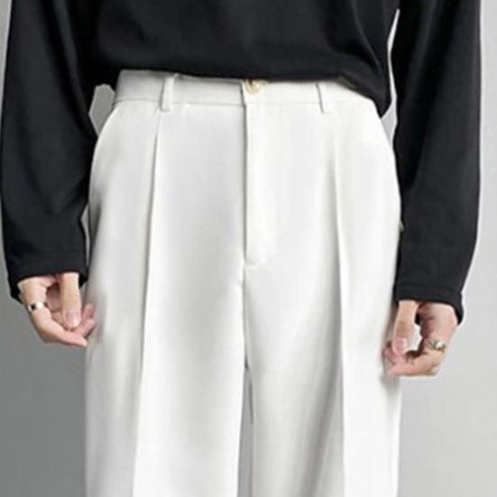 Men Suit Pants High Waist Button Zipper Fly Straight Wide Leg Long Pants with Pockets Solid Color Casual Trousers Daily Wear