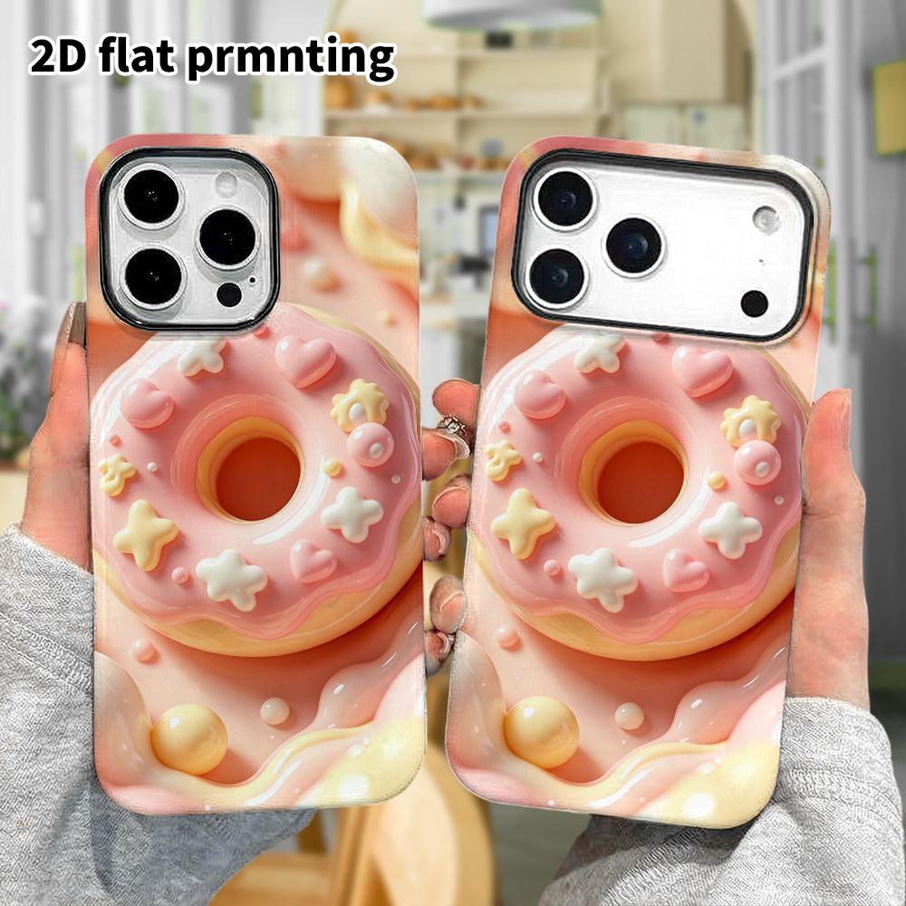 Phone case: 2D flat design suitable for iPhone 18 17 16 15 14 13 Pro protective case, pink sugar donut, perfect Christmas and Halloween holiday gift