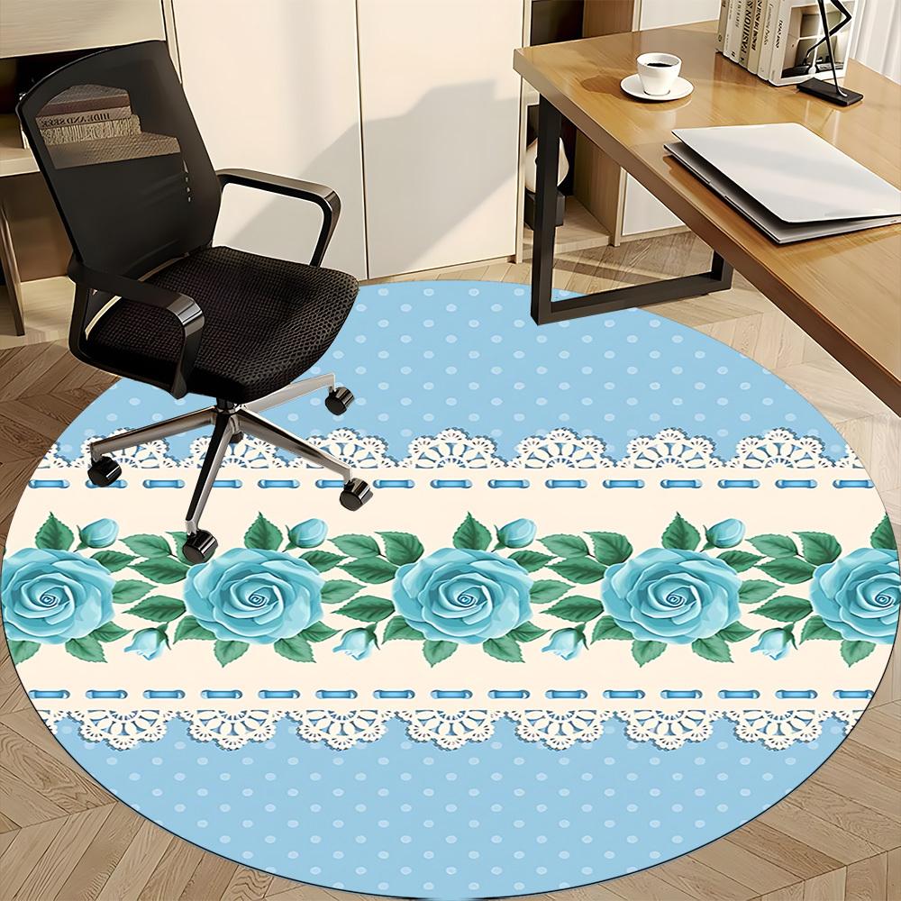 1pc Blue Roses Lace Office Round Rug, Non-slip, Soft and Durable Office Rug for Interior Decoration, Perfect for Office, Beautiful Decoration yy260324