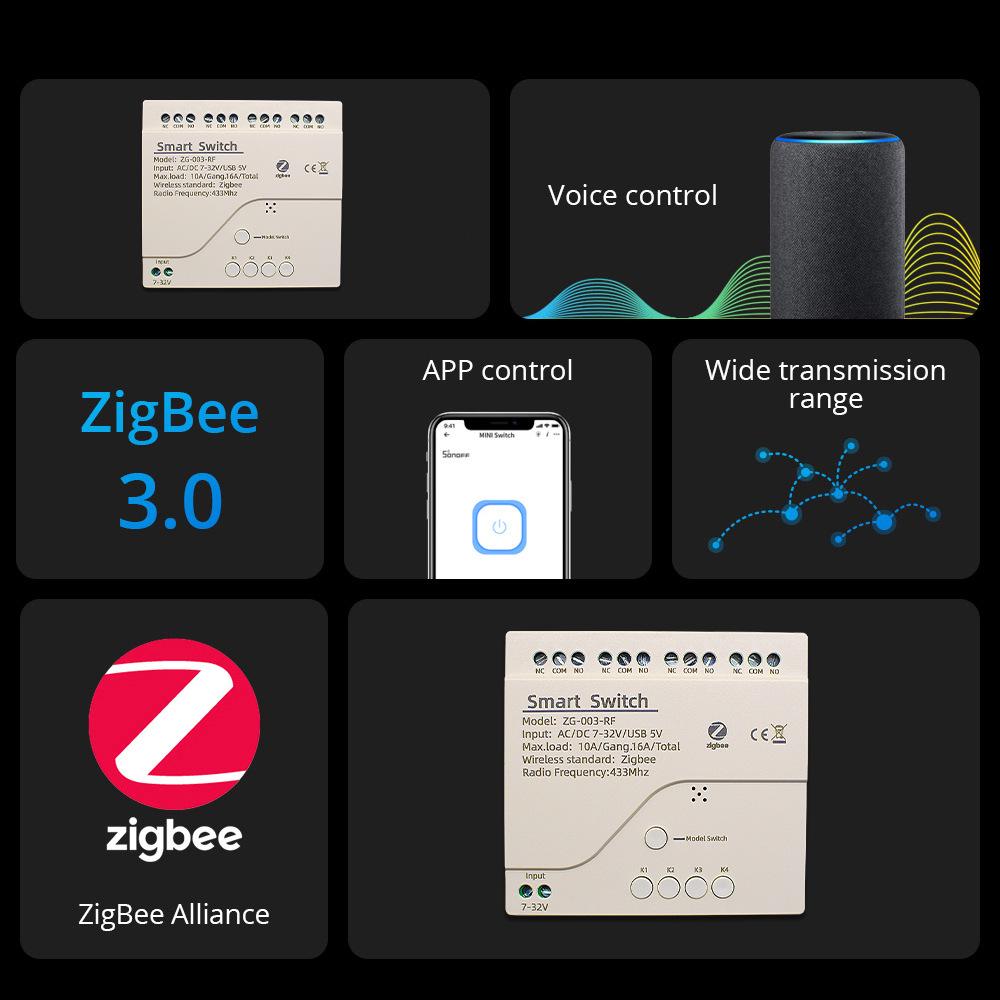 Zigbee 3.0 Tuya Умный 4-канальный релейный модуль: 12В/220В, Режим кратковременного включения, Блокировка, Самоудержание, Совместимость с RF433.