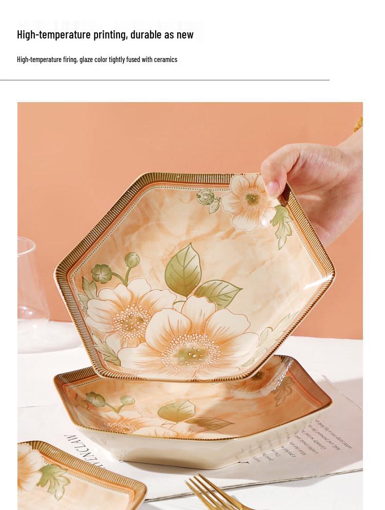 Керамический набор столовой посуды «Европейский жасмин» с ромбовидным узором - Включает маленькие тарелки, тарелки для фруктов и обеденные тарелки.