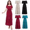 Women's Solid Color Short Sleeve Lace-Up Collar Waist Pleated Retro Long Dress