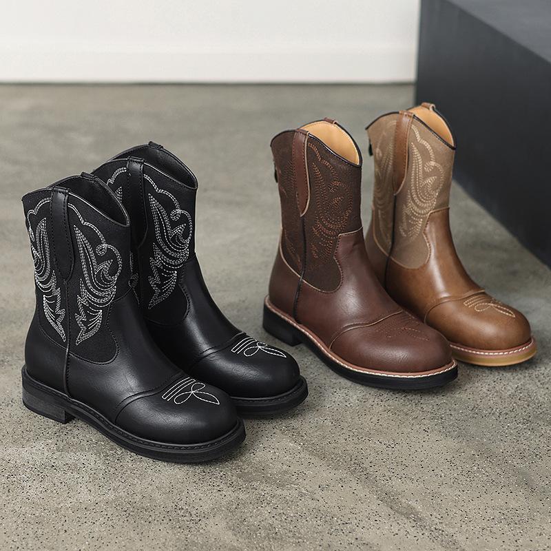 Women's Mid Calf Western Cowboy Boots Back Zipper Cowgirl Boot Round Toe Embroidered Booties for Women Chunky Block Heel Wide Calf Combat Riding Boots