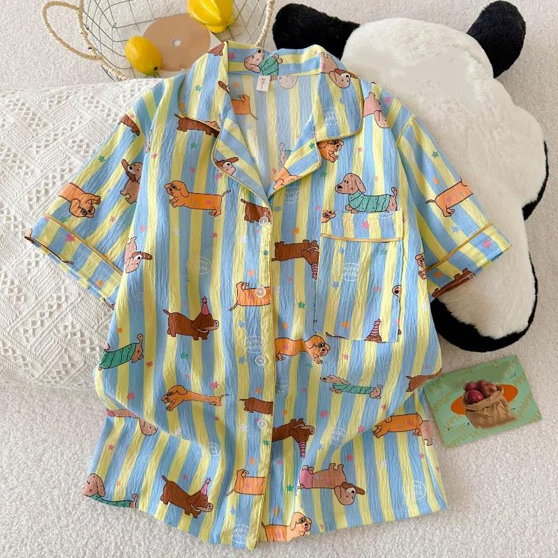 Star Striped Dog Print Kawaii Pajamas for Women Y2K Fashion Lapel Neck Women's Pajamas Summer Sweet Cute Home Wear Woman
