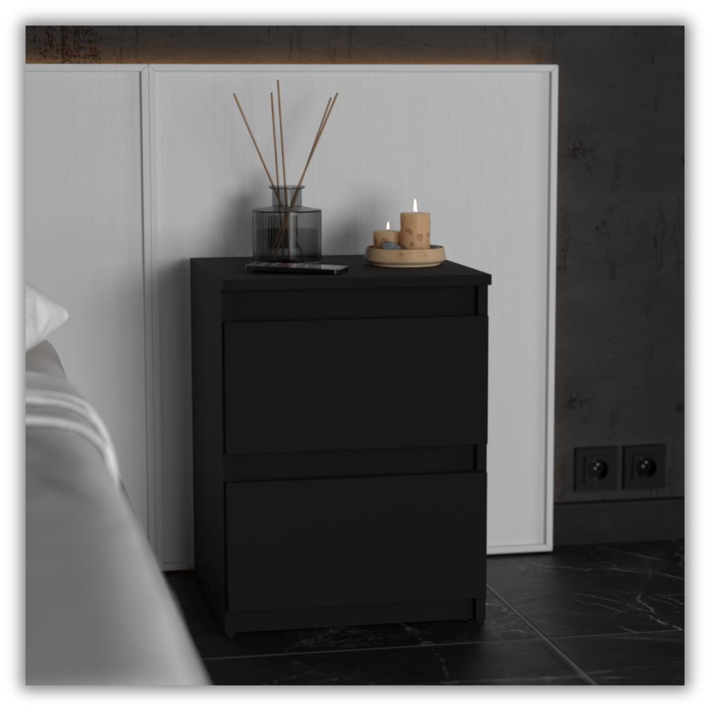 Black Bedside Cabinet 40Cm 2 Drawers Large High Bedside Table Nakastlik Loft