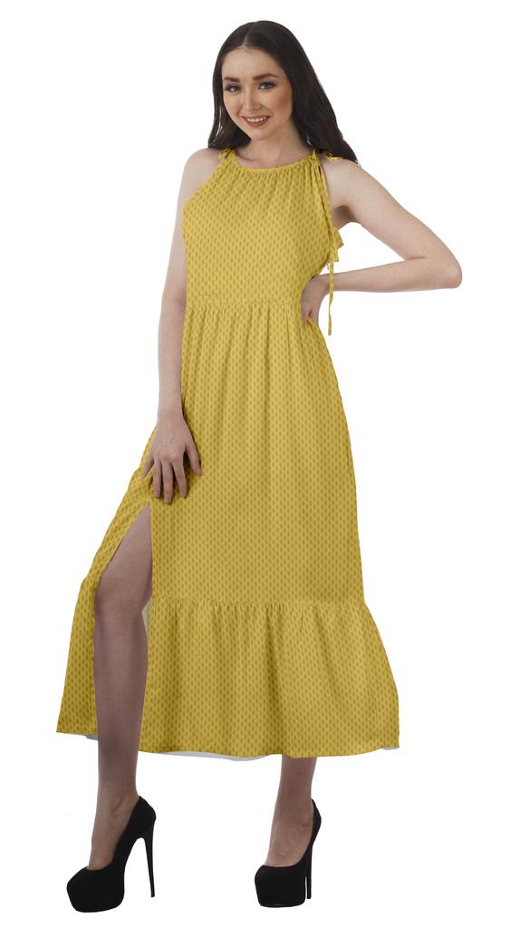 Moomaya Rayon Halter Neck Sleeveless Front Slit Holiday Dress Women Printed