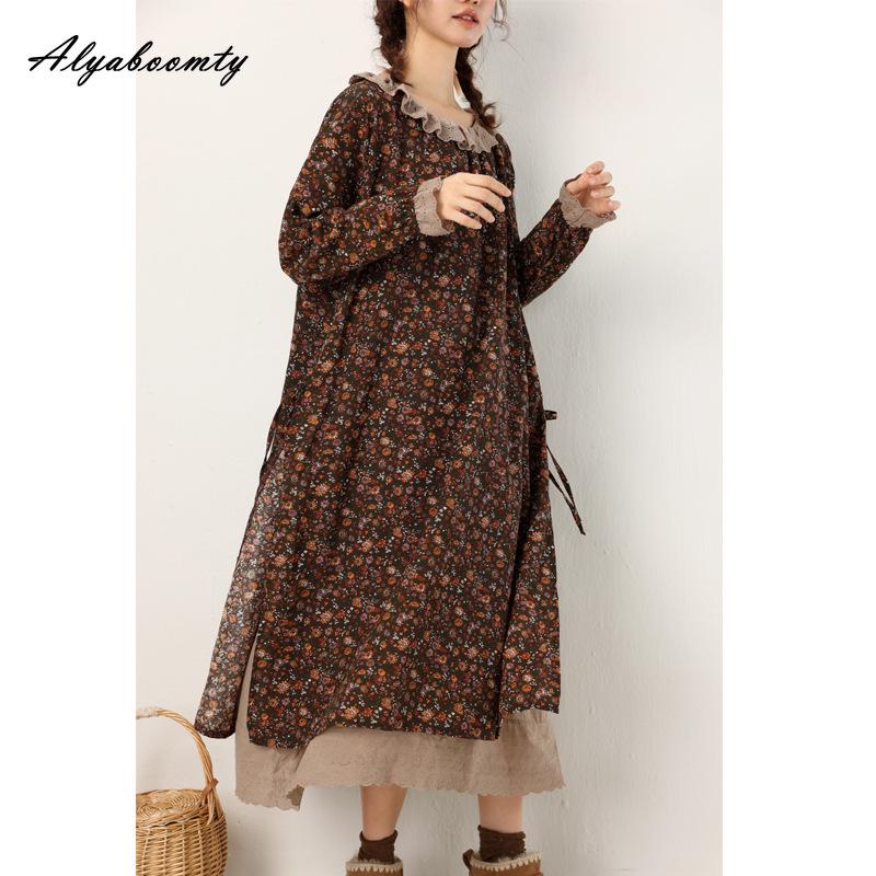 Японское платье Mori Girl на весну и осень, женское платье миди с рюшами и цветочным принтом, лоскутное ретро-платье, винтажное хлопково-льняное платье с вышивкой, ажурное платье