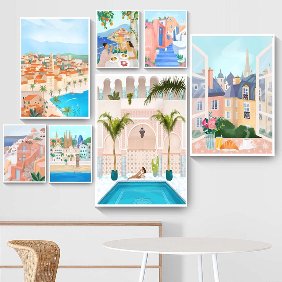 Скандинавское Эгейское море, Марокко, холст, картина для девочек, путешествия, пейзаж, настенное искусство, синий океан, постер, украшение для гостиной, дома, Куадрос