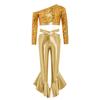 Girls Dance Costume One Shoulder Long Sleeve Sequins Crop Top Metallic Flared Pants