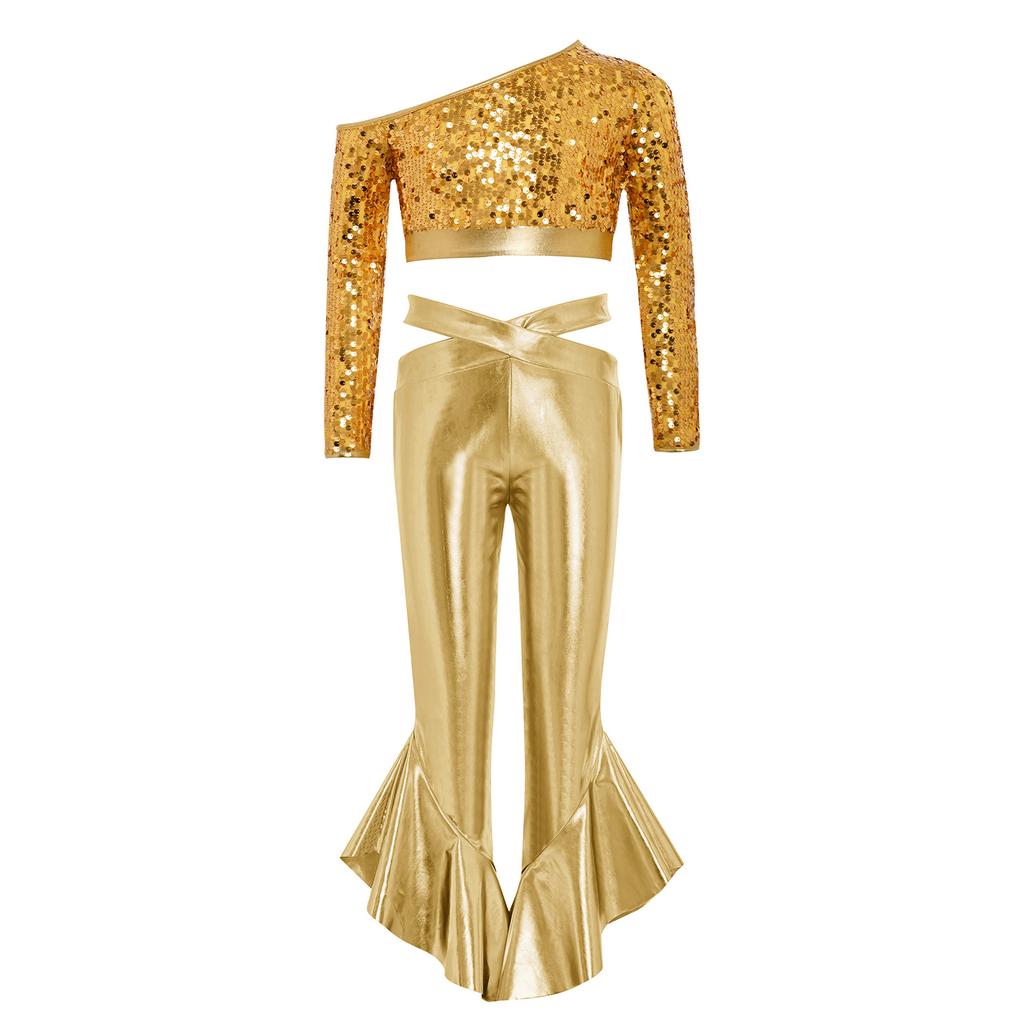 Girls Dance Costume One Shoulder Long Sleeve Sequins Crop Top Metallic Flared Pants