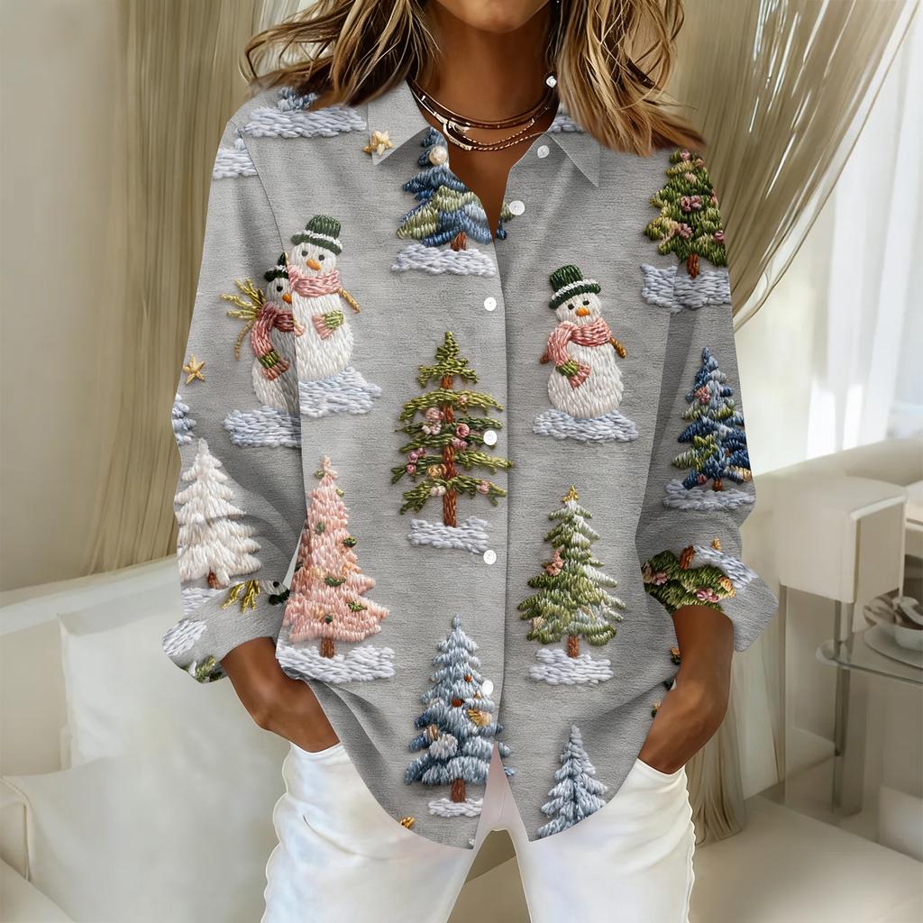 Women's Christmas Printed Button Up Long Sleeved Casual Regular Shirt With Collar Top