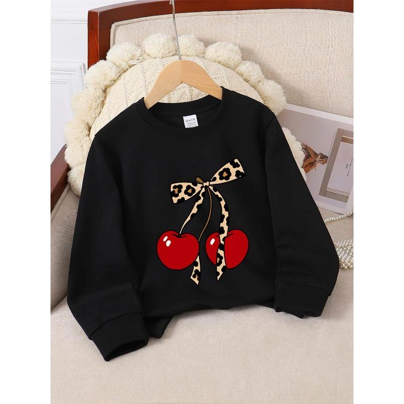 Европейские размеры Детская толстовка с круглым вырезом - Дизайн с принтом 'Вишневый леопардовый бант', Спортивная и повседневная одежда, Мягкая и удобная