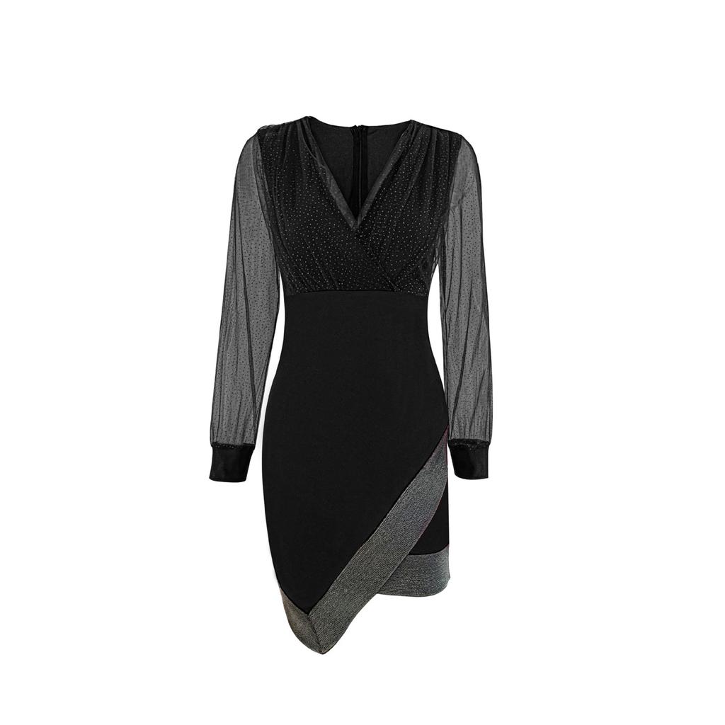 Женское сетчатое платье с длинными рукавами, пайетками, V-образным вырезом, облегающее и элегантное, короткое