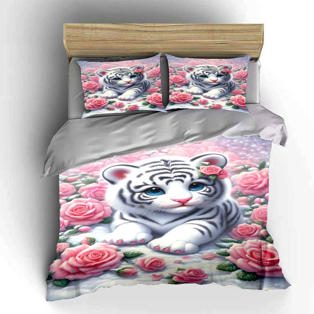 White tiger, pink roses. Bedding sets Duvet cover sets Duvet covers Pillowcases(1 * Duvet Cover 2 * Pillowcases without duvet insert)