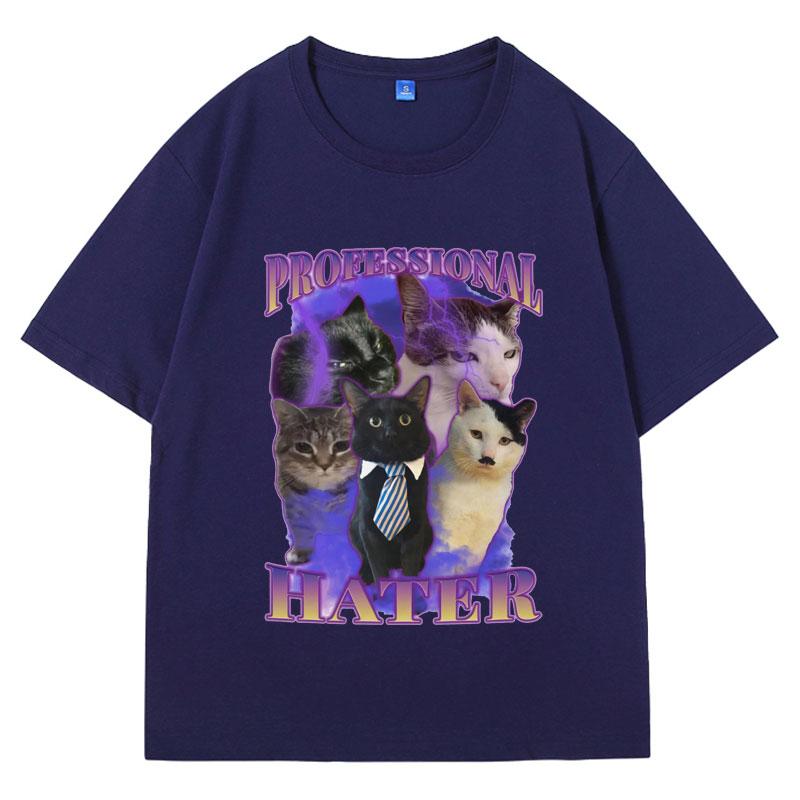 Professional Hater Funny Cat Meme T-shirt Men Vintage Trendy Cat Lover T-shirts Hip Hop Loose Cozy Cotton Tees Male Streetwear