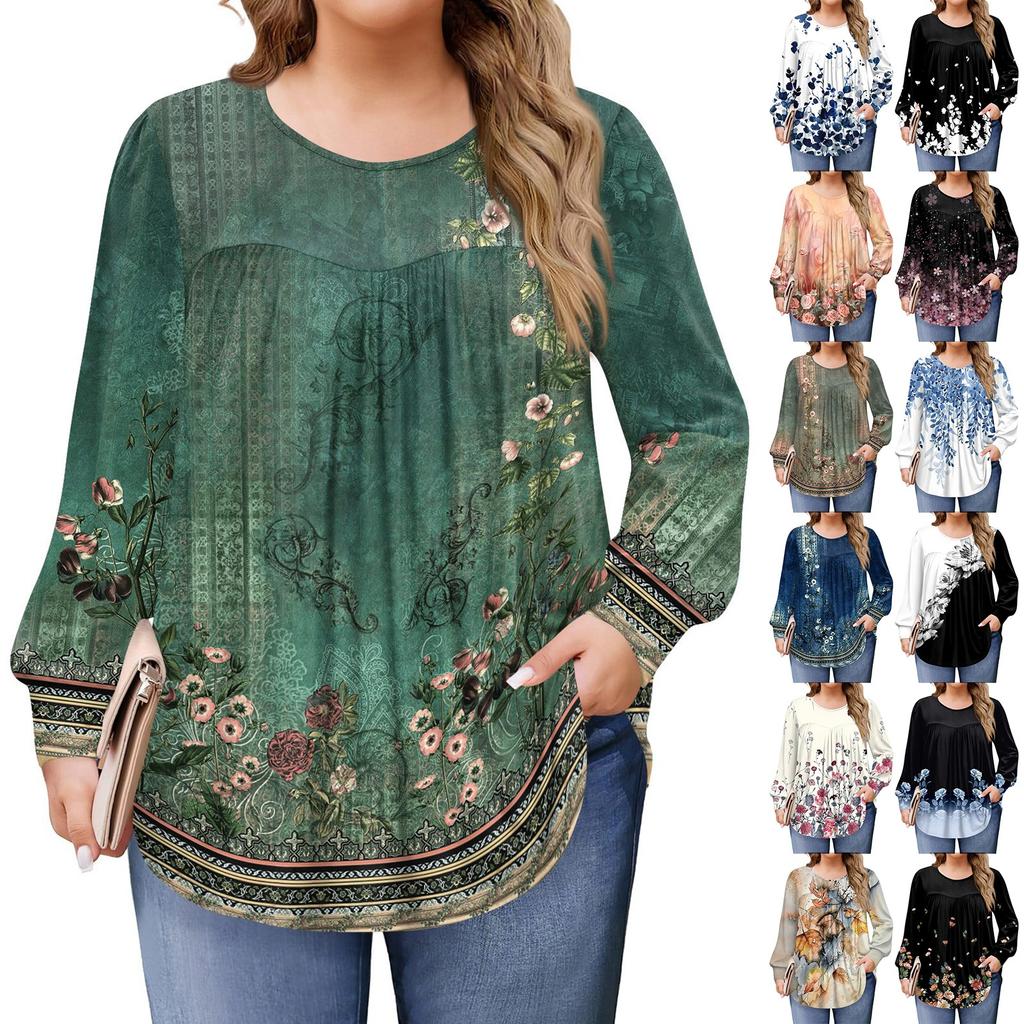 Womens Plus Size Tops Long Sleeve Shirts Round Neck Flowy Tunic Casual Loose Blouse L-5X