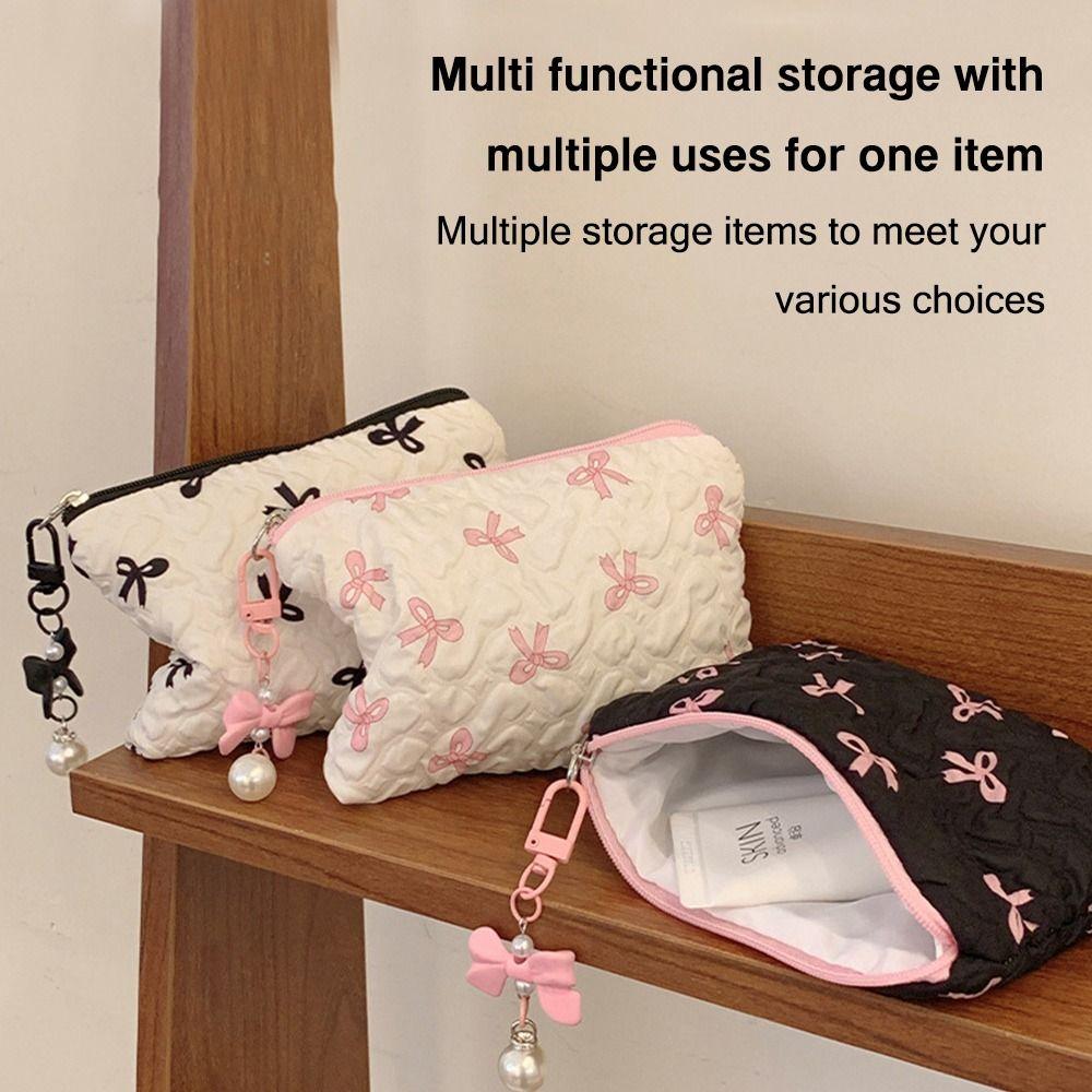 Quilted Cotton Makeup Bag Little Bow Girls' Make Up Organizer Portable Makeup Pouch for Women
