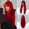 Red Synthetic Wigs with Bangs Long Silk Straight Wig for Party Cosplay Use Heat Resistant Fiber Wig
