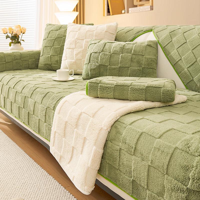 Tafu Velvet Checkered Sofa Cover Non-Slip Thickened Plush Sofa Towel Living Room Universal for All Seasons Armrest Back Towel