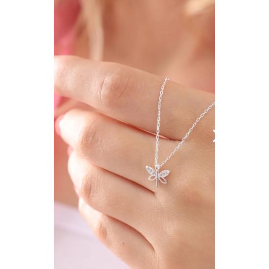 925 Sterling Silver Chain White Zircon Stone Minimal Dragonfly Necklace