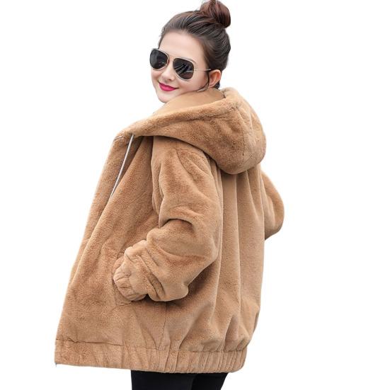 Зимняя женская куртка из толстого плюша с искусственным мехом кролика средней длины с капюшоном и карманами, длинные рукава, ветрозащитный кардиган на молнии