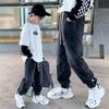 Джинсы для мальчиков весна-осень, черные, детские, свободные, повседневные, модные, спортивные брюки на шнурке