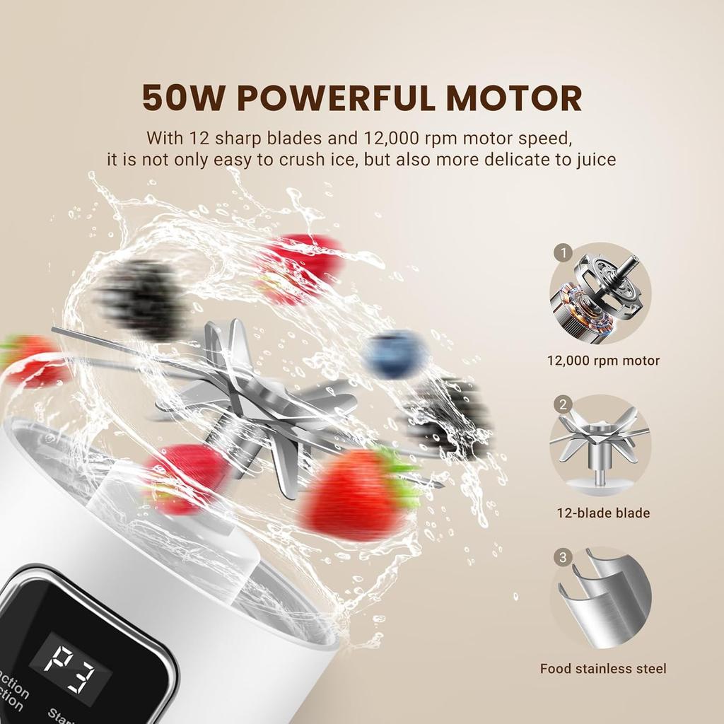 Портативная персональная электрическая USB-соковыжималка, 500 мл мини-блендер для коктейлей и смузи, 12 лезвий, отлично подходит для смешивания, компактная, удобная (белый)