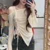 2024 Autumn/Winter Women's Off-the-Shoulder Spaghetti Strap Drawstring T-Shirt - Spicy Girl Style