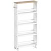 Multifunctional Natural Wood shelf with wheels, Slim design,  4 compartments, 45x15x91 cm, White
