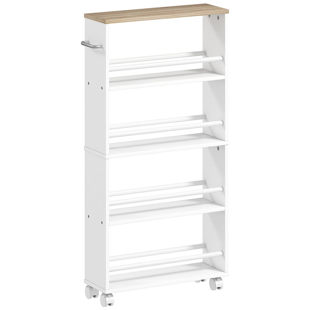 Multifunctional Natural Wood shelf with wheels, Slim design, 4 compartments, 45x15x91 cm, White