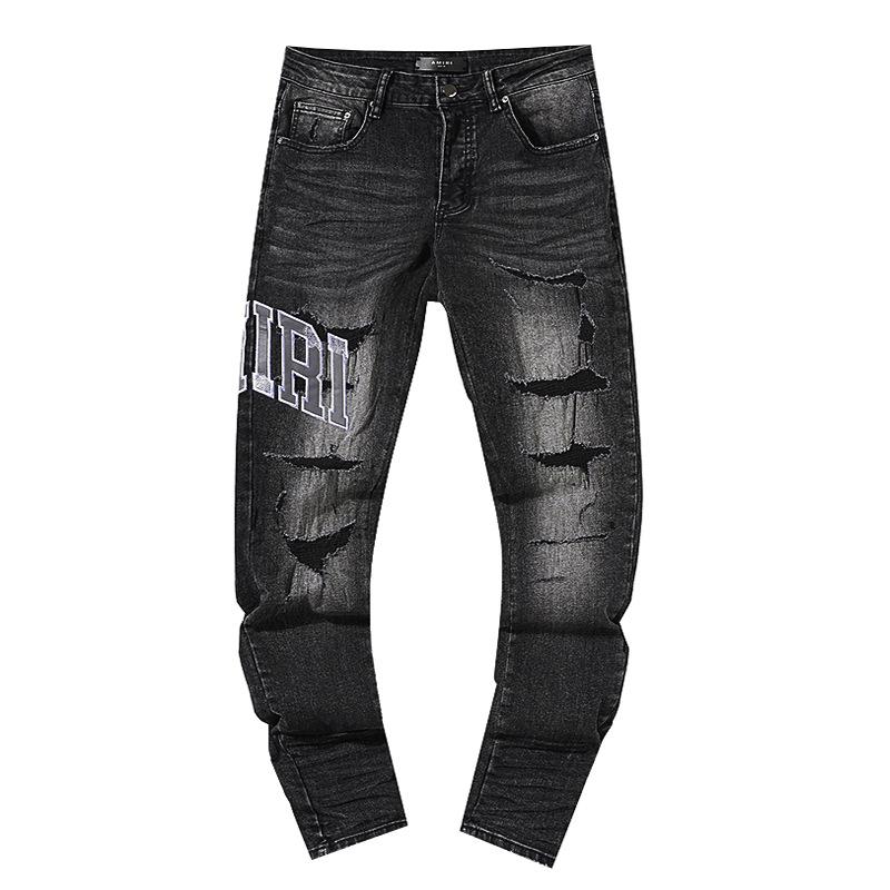 Fashion American High Street Hole & Patch Trendy Retro Straight Ami Denim Pants