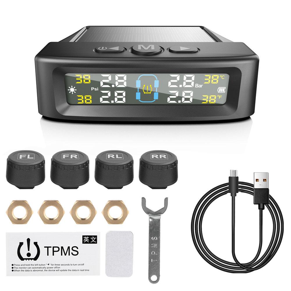 Car Tyre Pressure Monitor Solar TPMS Tire Pressure Monitoring System With 4 External Sensors Tyre Pressure Alarm Temperature Warning Fuel Save