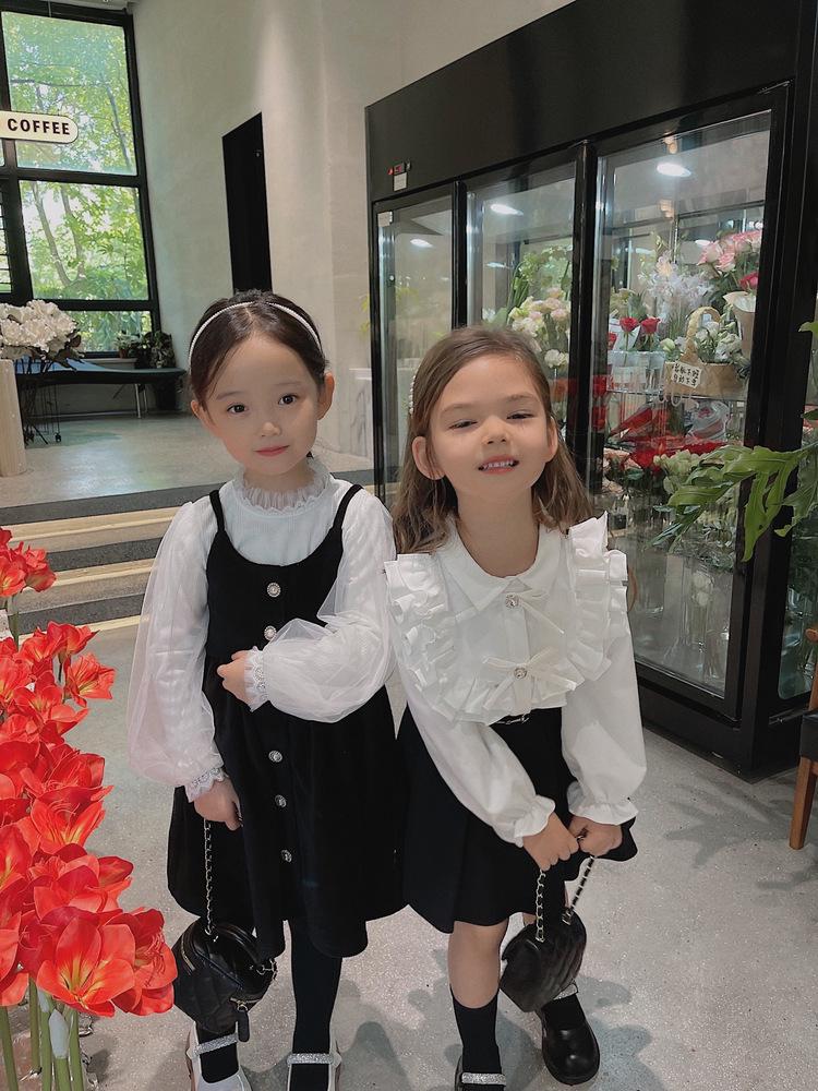 Весна 2024 Рубашка для девочек с оборками в стиле французской принцессы, с длинным рукавом и манжетами-раструбами