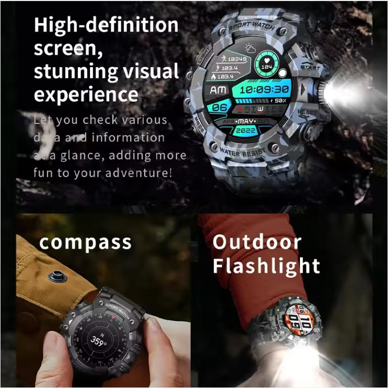 Умные часы для занятий спортом на открытом воздухе, часы с компасом и фонариком, Bluetooth-звонок, мониторинг сердечного ритма, водонепроницаемые часы для мужчин