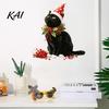 Winter Home Atmosphere Stickers Christmas Cute Black Cat Wall Sticker, PVC Decal with Polka Dot Cone Hat Party Supplies And Red Berries,