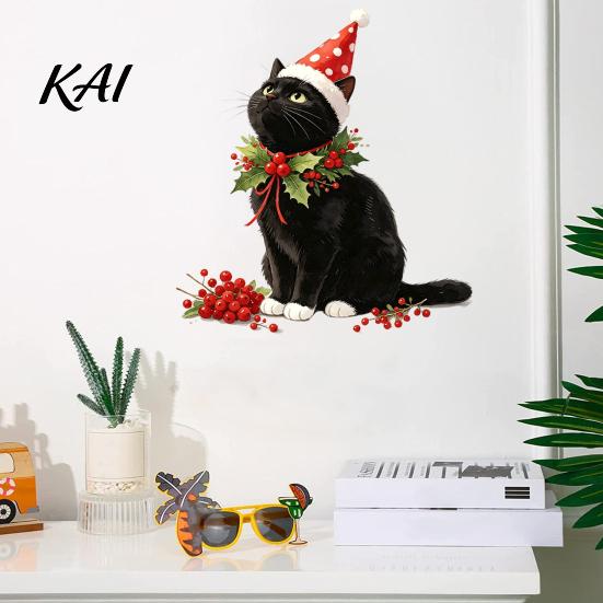 Winter Home Atmosphere Stickers Christmas Cute Black Cat Wall Sticker, PVC Decal with Polka Dot Cone Hat Party Supplies And Red Berries,