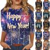 Women's Fashion Casual Three-quarter Sleeve New Year Printed Round Neck Top New Year 2025