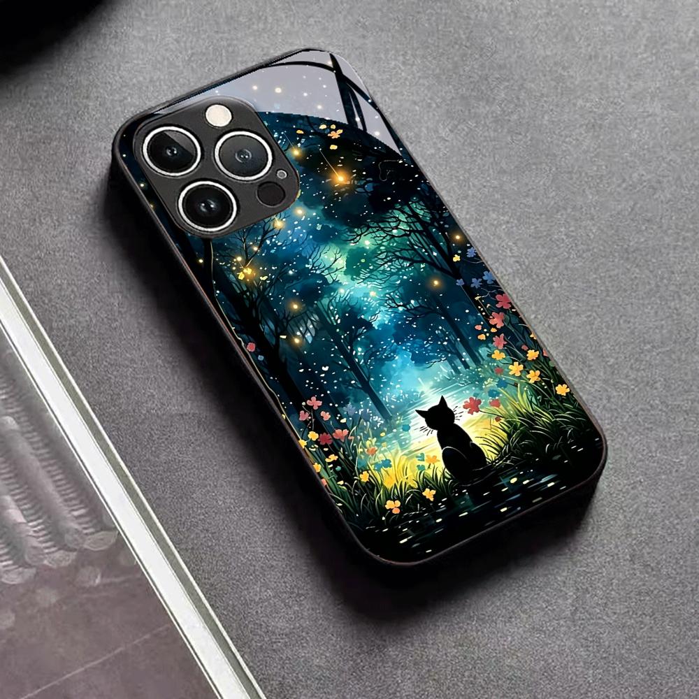 Magical Forest Cat Tempered Glass Phone Case Compatible iPhone 17 14 12 Pro 13 Pro Max 14 Plus 15 16 Drop Proof Hard Cover