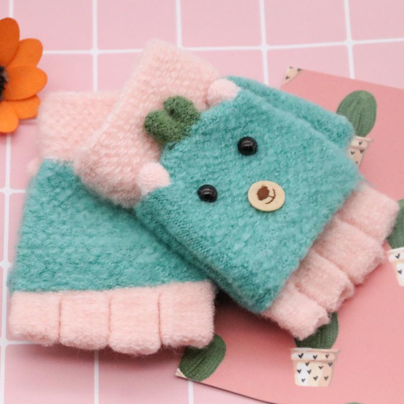 Детские зимние варежки без пальцев с мультяшным котенком - Теплые, милые, вязаные под кашемир для учеников начальной школы