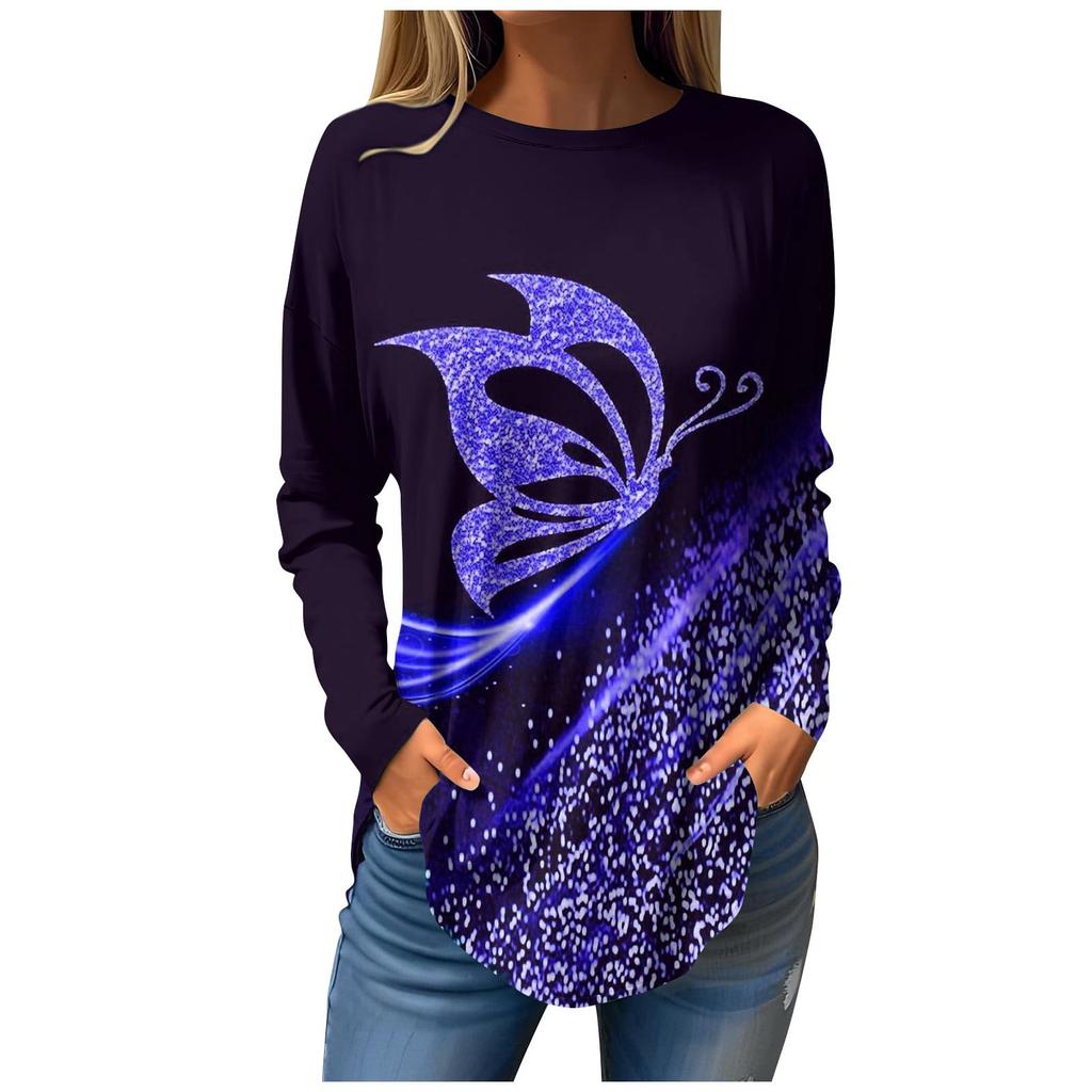 Women's 3d Printed Butterfly Flash T-shirt Fashion Long Sleeve Round Neck Regular Top Holiday Weekend Spring and Autumn Wear
