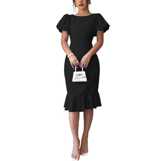 Женские облегающие платья с короткими пышными рукавами, платье миди с круглым вырезом и оборками, юбка «русалка», коктейльное платье для гостьи на свадьбу