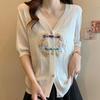 Женские свитера, кардиганы, лето 2025 года, короткий рукав, V-образный вырез, белый вышитый вязаный свитер, женские топы, пуловер JJ159