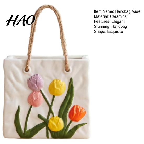 Unique Gift for Women Handbag Shaped Ceramic Vase, Tulip Flower Embossed Modern Large Tote Bag Artistic Living Room Decor Storage Box with Jute