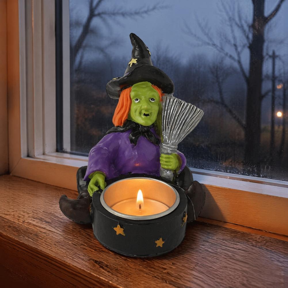 Detailed Skeleton Broom Decoration Halloween Witch Skull Resin Candle Holder Spooky Star Tealight Stand with Metal for Haunted