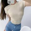 Женский летний эластичный облегающий рубчатый кроп-топ - Круглый вырез, Короткий рукав, Однотонный