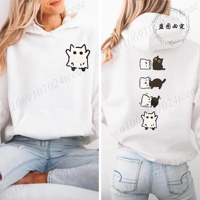 Осеннее флисовое худи с капюшоном, с принтом черного кота Бу, Хэллоуин, модные толстовки, топ с длинным рукавом, на шнурке, с карманами, свободные худи