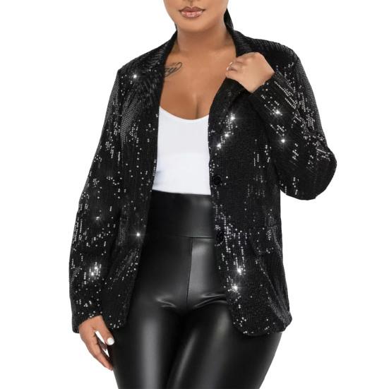 Женский пиджак с лацканами, длинный рукав, однобортный пиджак с карманами-клапанами, блестящие пайетки, свободная верхняя одежда